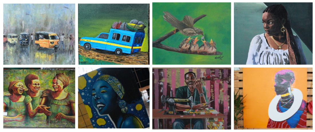 A collage of eight Kenyan paintings depicting matatus in the rain, a loaded bus, a bird feeding chicks, a portrait of a woman, laughing friends, a blue woman singing, a tailor at his sewing machine, and a silhouetted woman in traditional beads.