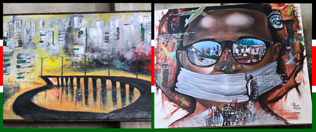 Two large Kenyan protest paintings side by side: the left showing an abstract city overpass at night in gold and grey, the right showing a masked man with Nairobi reflected in his sunglasses surrounded by protest scenes and Kenyan flag colours.