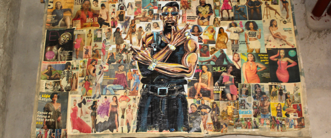 Mixed media collage artwork featuring a painted figure of a man with crossed arms surrounded by magazine clippings of women, fashion, and Kenyan lifestyle publications.